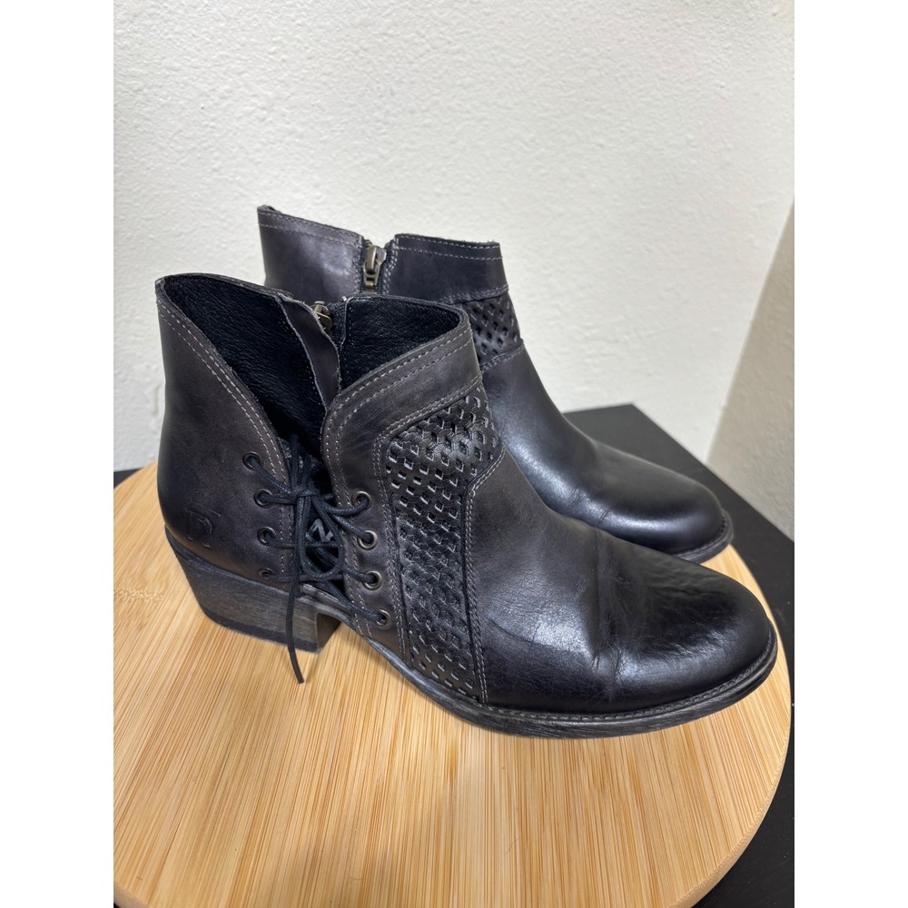 Roan by Bedstu Antonia Leather Ankle Boots 8 Black Lace Up Side Zip Block Heel